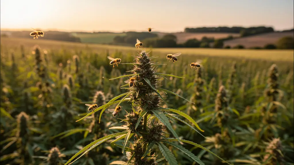 Abeilles butinant sur des plants de chanvre en floraison dans un champ bio français