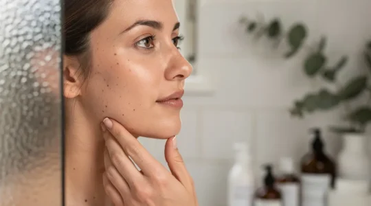 Femme de 30 ans examinant sa peau dans un miroir de salle de bain lumineuse