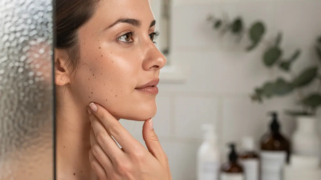 Femme de 30 ans examinant sa peau dans un miroir de salle de bain lumineuse