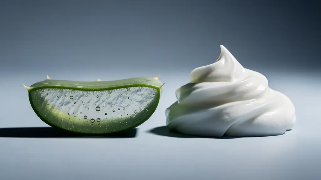 Feuille d'aloe vera fraîchement coupée avec gel visible à côté d'une texture de crème apaisante
