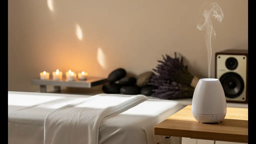 Environnement spa minimaliste avec bougies, diffuseur d'huiles essentielles et éclairage tamisé