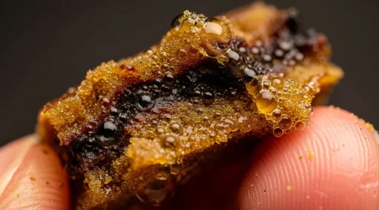 Vue macro de cristaux de trichomes dorés sur une résine de hash CBD avec texture collante