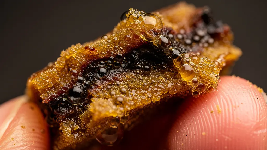 Vue macro de cristaux de trichomes dorés sur une résine de hash CBD avec texture collante