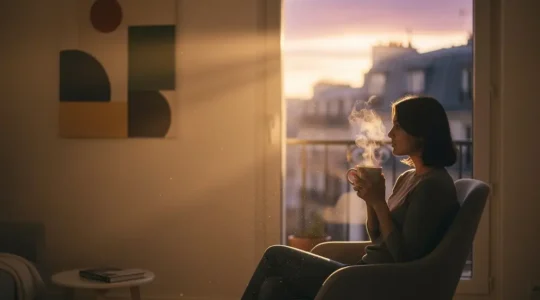 Personne en méditation dans un espace lumineux au crépuscule symbolisant le calme retrouvé