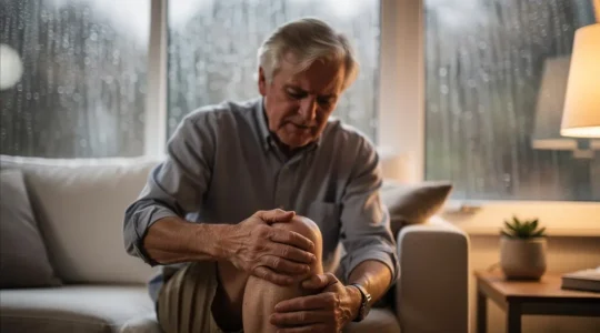 Person senior massant son genou dans un intérieur chaleureux par temps pluvieux visible à travers la fenêtre