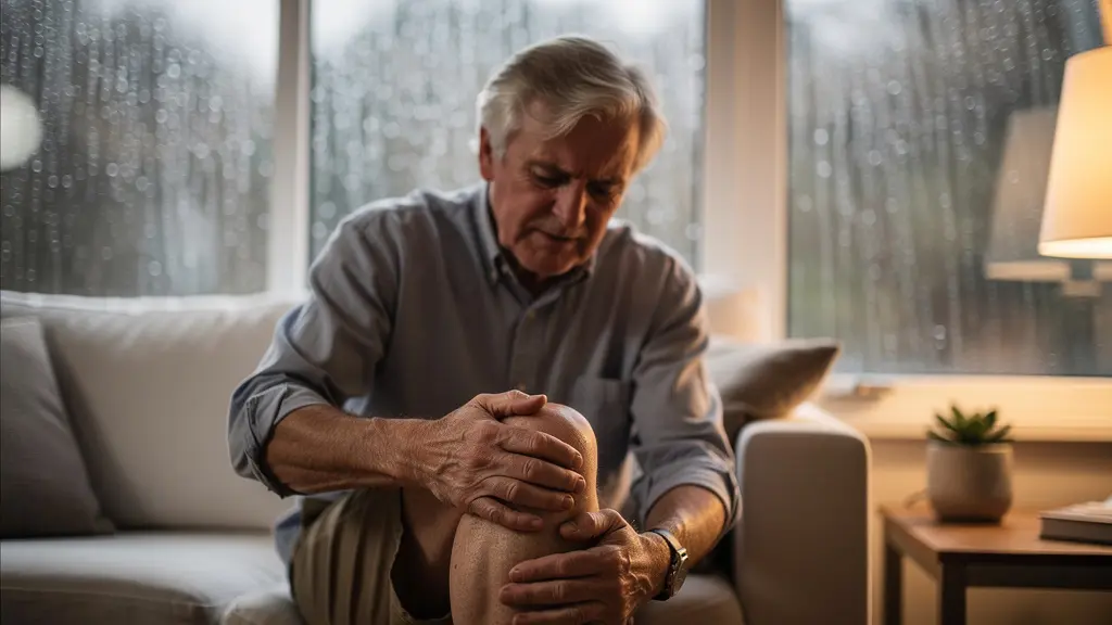 Person senior massant son genou dans un intérieur chaleureux par temps pluvieux visible à travers la fenêtre