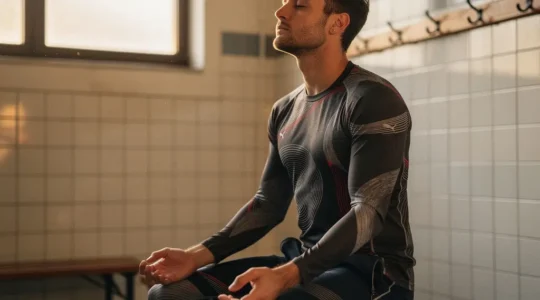 Athlète en phase de concentration mentale avant une compétition sportive