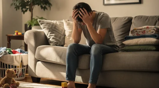 Parent épuisé dans son salon, moment de calme et de réflexion face aux multiples responsabilités familiales