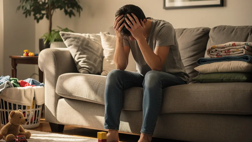Parent épuisé dans son salon, moment de calme et de réflexion face aux multiples responsabilités familiales
