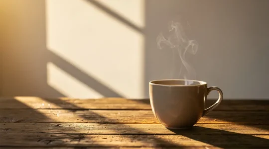 Tasse de café fumante sur table en bois au lever du soleil avec ombre de fenêtre