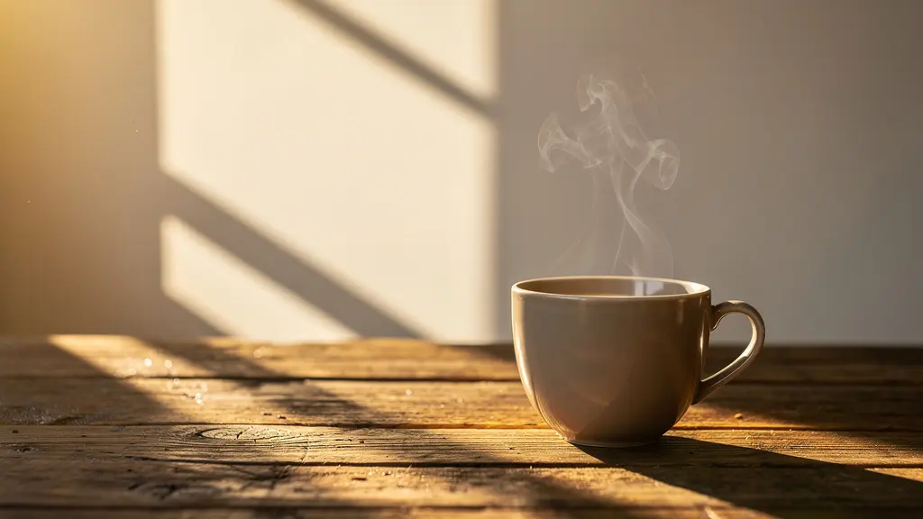 Tasse de café fumante sur table en bois au lever du soleil avec ombre de fenêtre