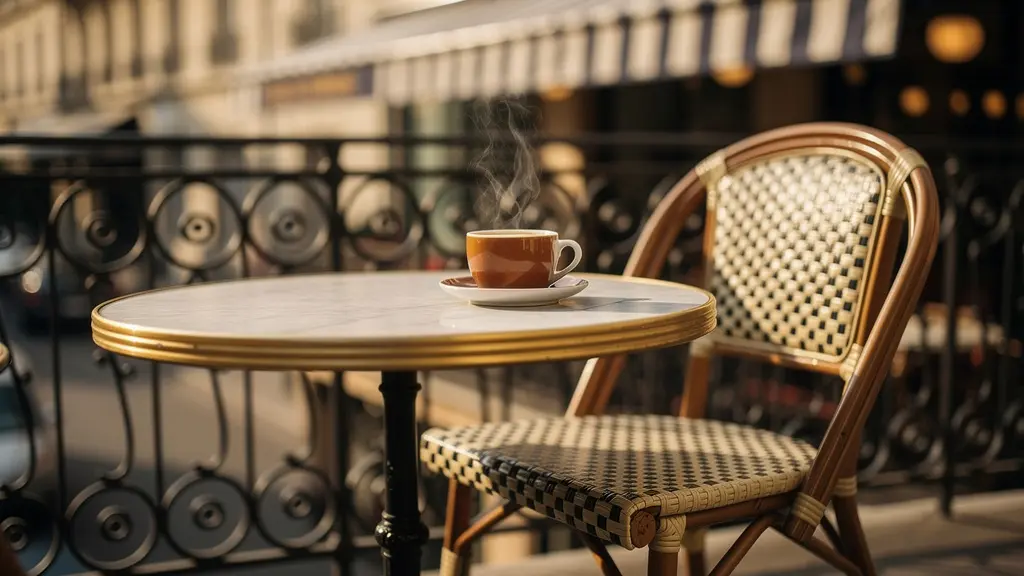 Terrasse de café parisien avec chaise vide et tasse de café, symbolisant l'absence de la cigarette plaisir