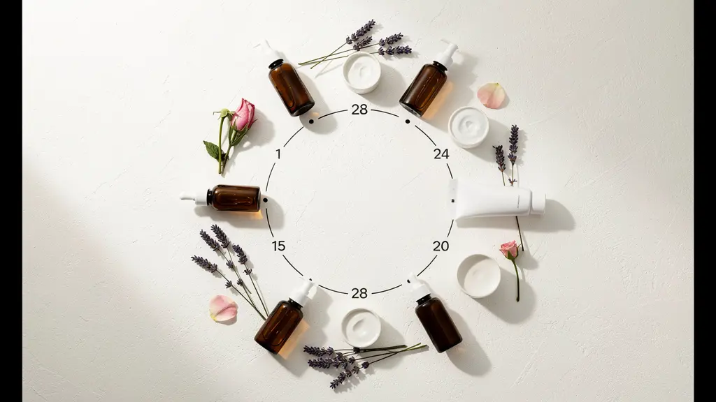Calendrier circulaire du cycle menstruel avec produits de soin disposés harmonieusement