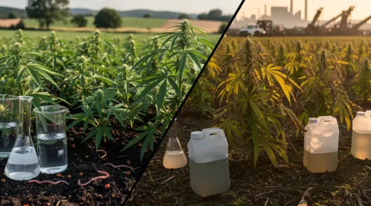 Comparaison visuelle entre plants de chanvre CBD bio et non-bio avec focus sur la contamination du sol