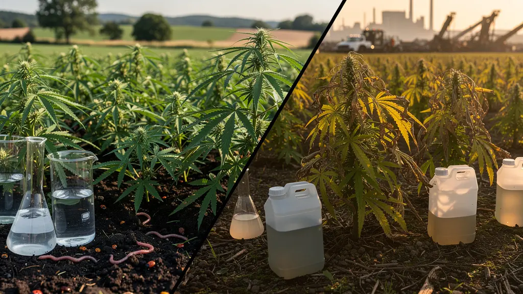 Comparaison visuelle entre plants de chanvre CBD bio et non-bio avec focus sur la contamination du sol