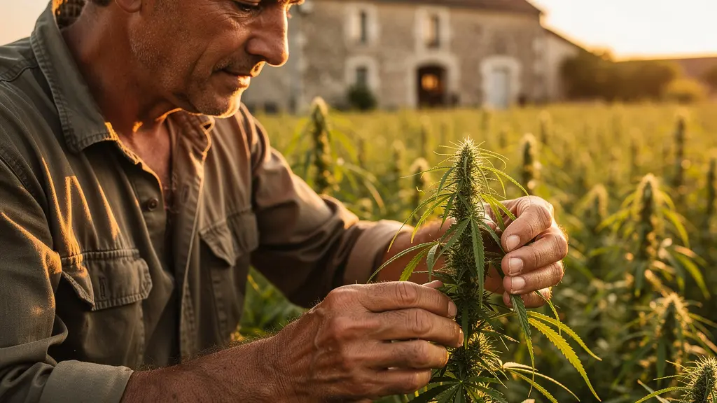 Vaste champ de chanvre industriel français avec ferme traditionnelle en arrière-plan