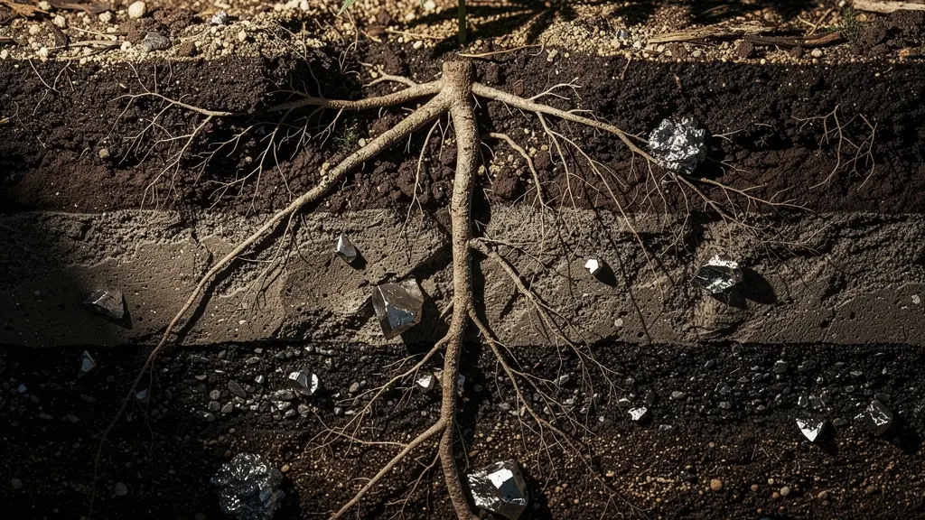 Vue en coupe d'un sol montrant les racines profondes du chanvre avec des particules métalliques visibles dans la terre