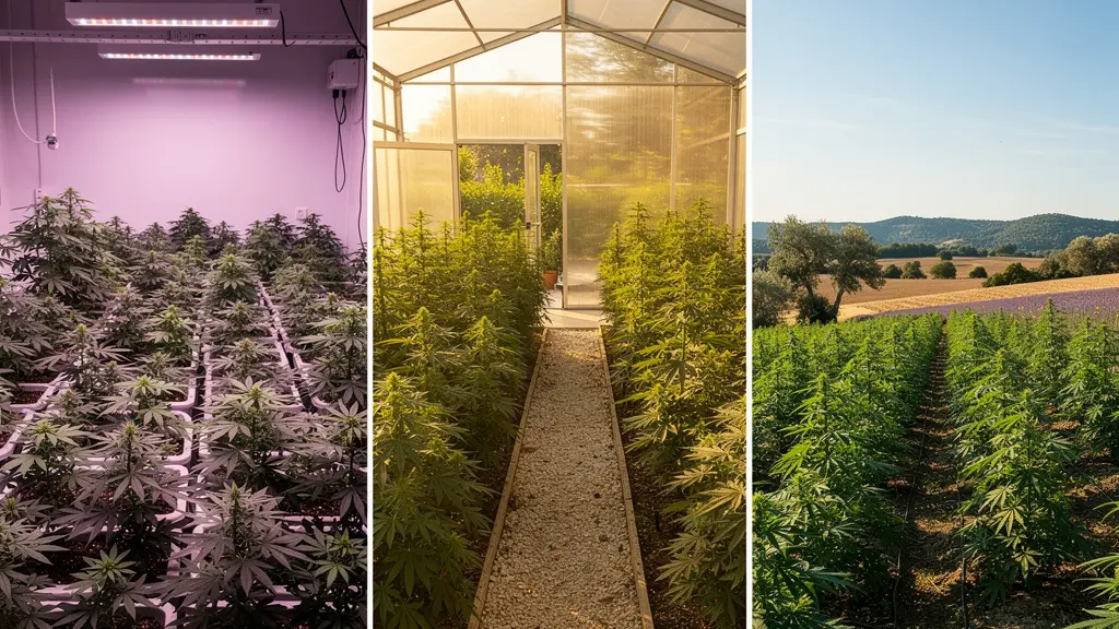 Trois environnements de culture CBD côte à côte montrant les différences entre indoor, greenhouse et outdoor