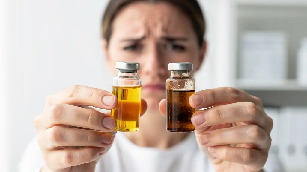 Comparaison visuelle entre une huile CBD pure dorée et une huile avec résidus sombres