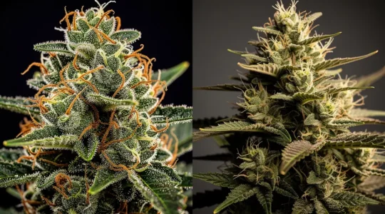 Comparaison visuelle entre une fleur de CBD premium avec trichomes étincelants et une fleur économique plus terne