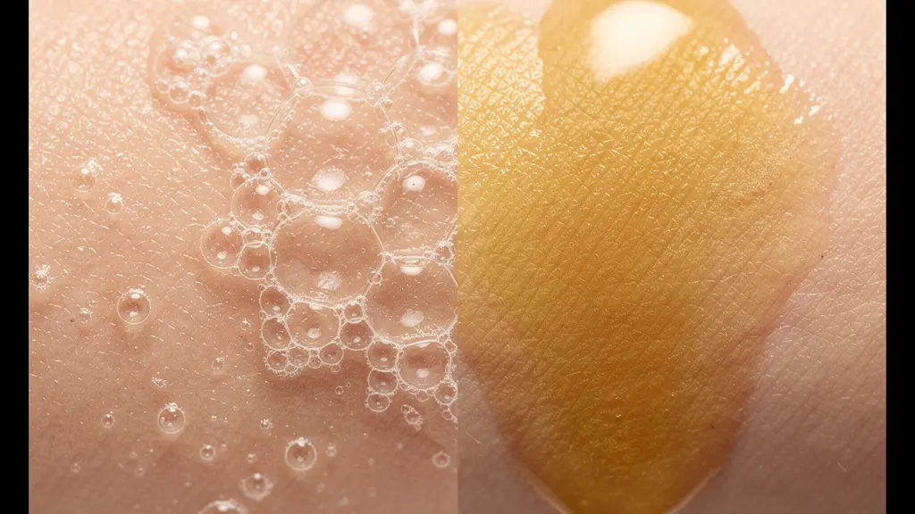 Comparaison visuelle entre la texture d'un gel moussant et d'une huile nettoyante sur la peau