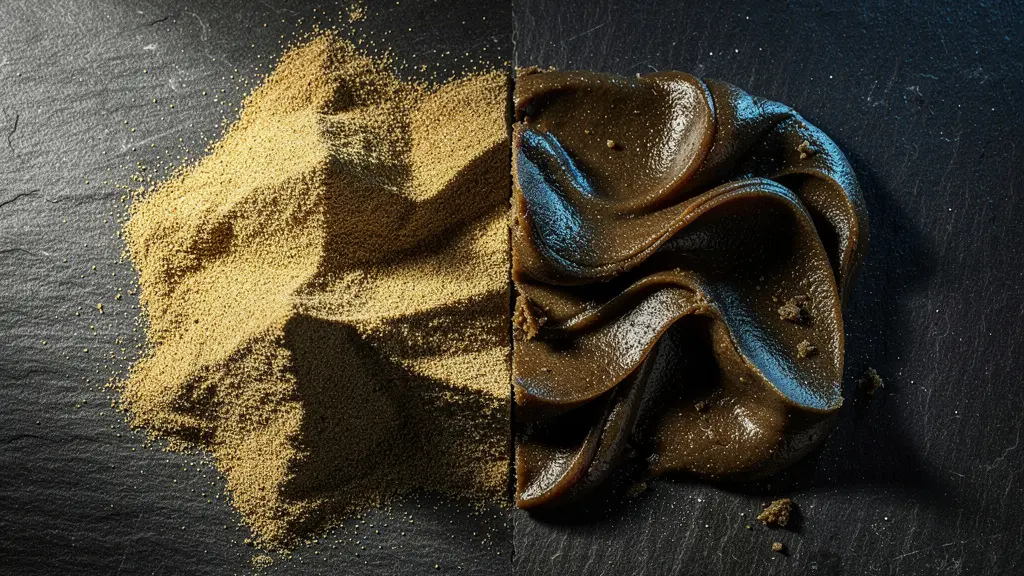 Comparaison visuelle entre une résine dry sift dorée et poudreuse et une résine ice-o-lator plus sombre et crémeuse.