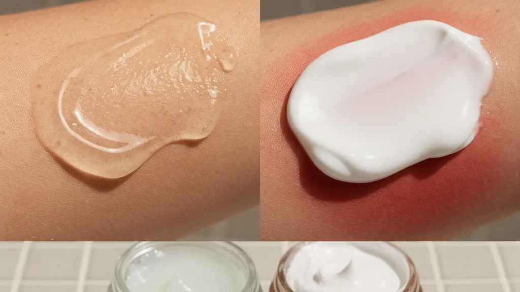 Comparaison visuelle entre la texture transparente d'un gel d'aloe vera et la texture crémeuse blanche d'une pommade au CBD