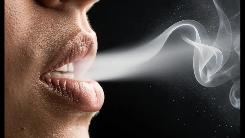 Gros plan sur la bouche et la gorge d'une personne en train de vapoter avec de la vapeur douce