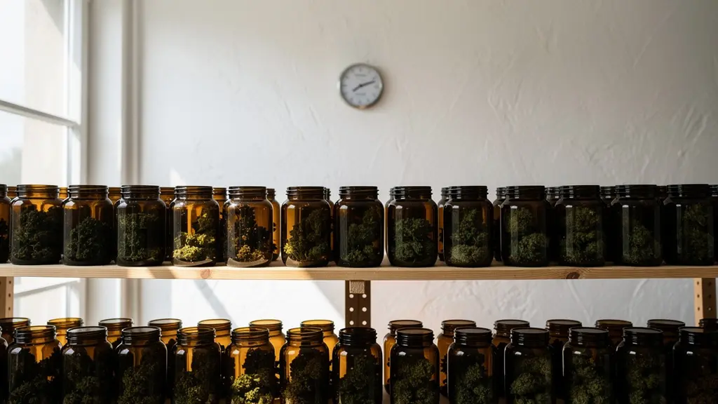 Vue d'ensemble d'une salle de conservation professionnelle avec bocaux hermétiques et système de contrôle climatique