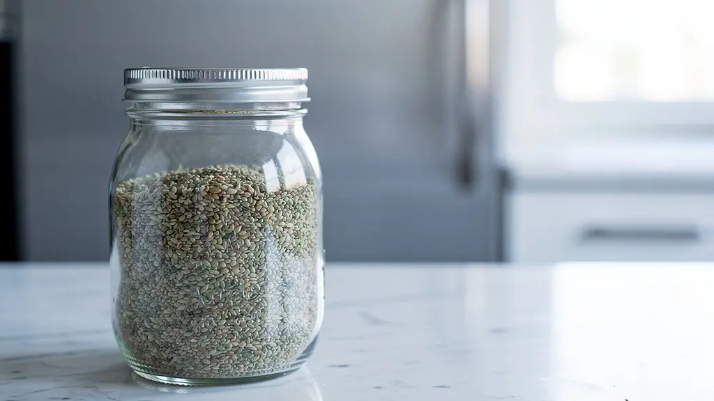 Bocal en verre hermétique contenant des graines de chanvre dans un environnement frais