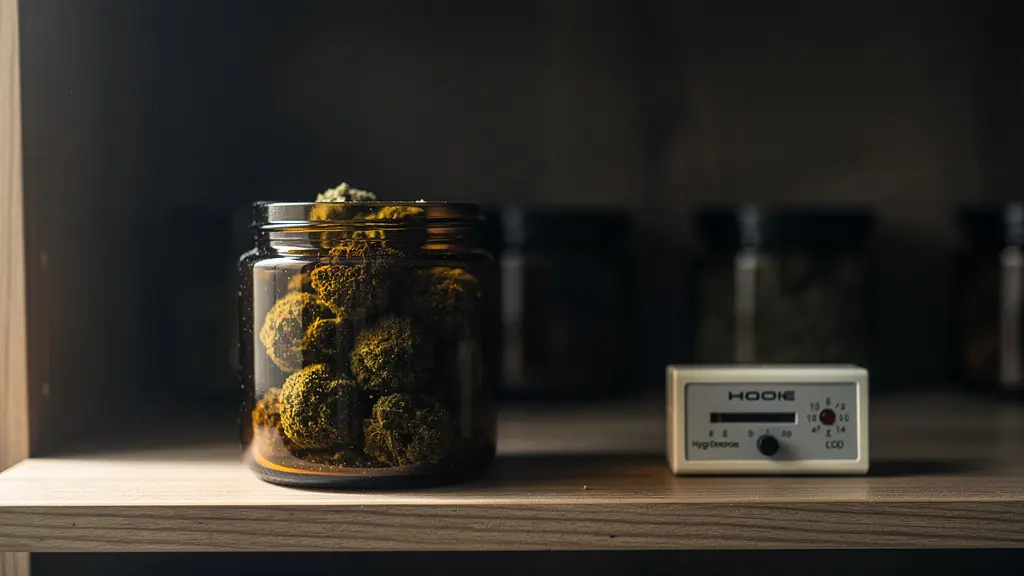 Un pot en verre ambré contenant du hash CBD, posé sur une étagère en bois dans un environnement sombre et frais, symbolisant une conservation optimale.