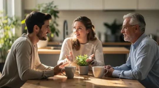 Discussion calme autour d'une table entre parents et jeune adulte avec une tasse de tisane