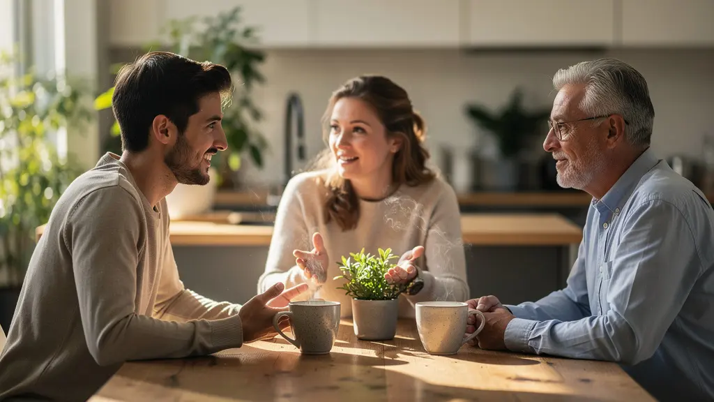 Discussion calme autour d'une table entre parents et jeune adulte avec une tasse de tisane