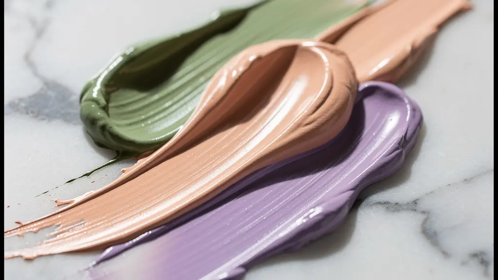 Vue macro de différentes textures de correcteurs cosmétiques aux tons verts et pêche