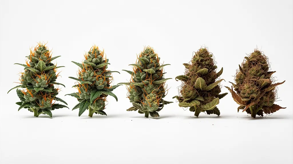 Évolution de la couleur d'une fleur de CBD du vert vibrant au marron terne