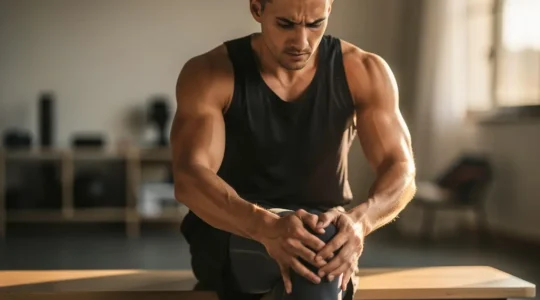 Athlète en phase de récupération musculaire post-entraînement dans un environnement apaisant