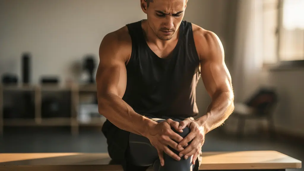 Athlète en phase de récupération musculaire post-entraînement dans un environnement apaisant