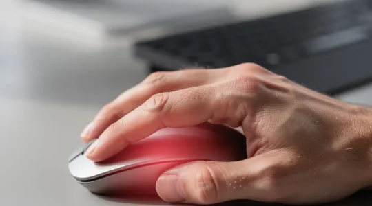 Main sur une souris d'ordinateur avec mise en évidence des zones de tension du poignet dans un environnement de bureau