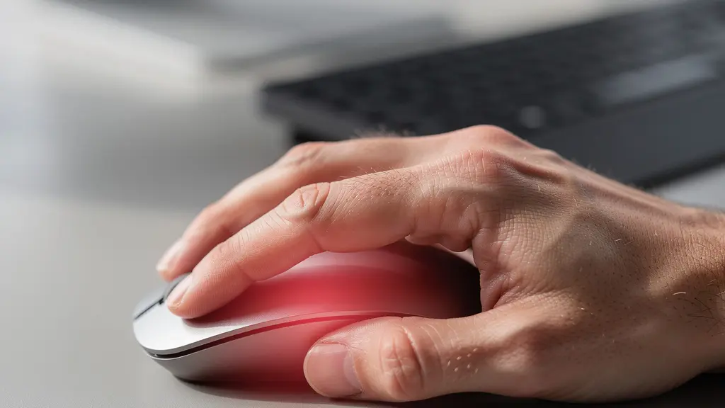 Main sur une souris d'ordinateur avec mise en évidence des zones de tension du poignet dans un environnement de bureau