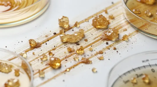 Analyse microscopique de cristaux de CBD montrant les résidus de solvants dans un laboratoire scientifique