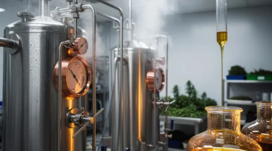 Équipement d'extraction CO2 supercritique dans un laboratoire moderne avec vapeur de CO2 visible