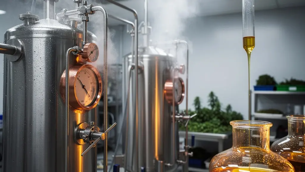 Équipement d'extraction CO2 supercritique dans un laboratoire moderne avec vapeur de CO2 visible