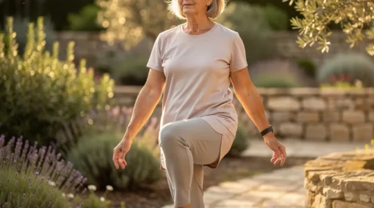 Femme mature pratiquant un exercice d'équilibre dans un jardin ensoleillé pour préserver sa santé osseuse