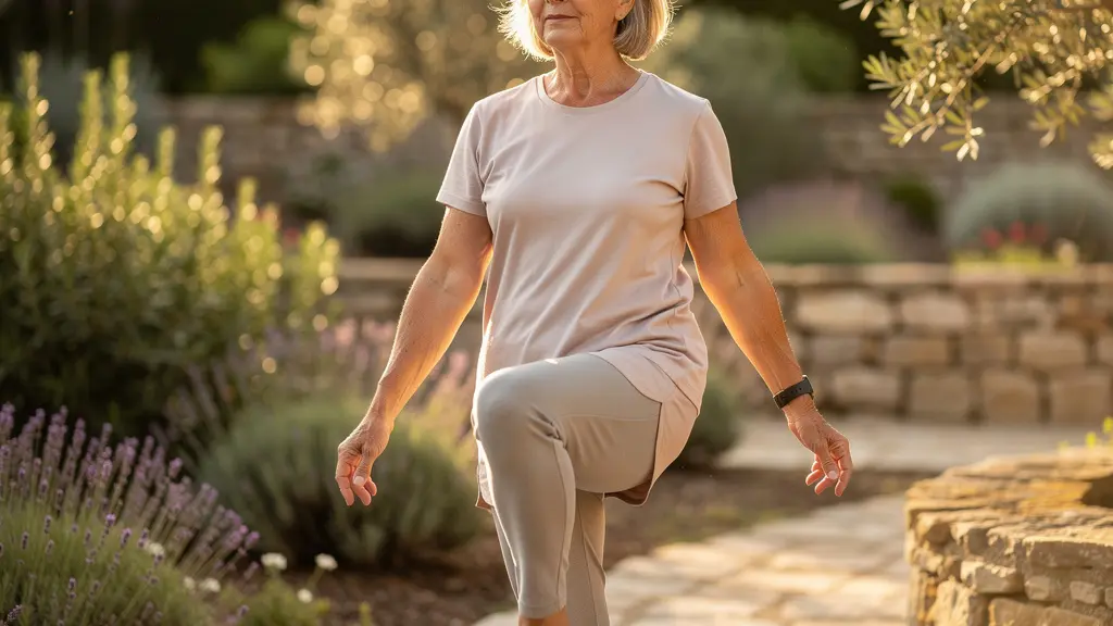 Femme mature pratiquant un exercice d'équilibre dans un jardin ensoleillé pour préserver sa santé osseuse
