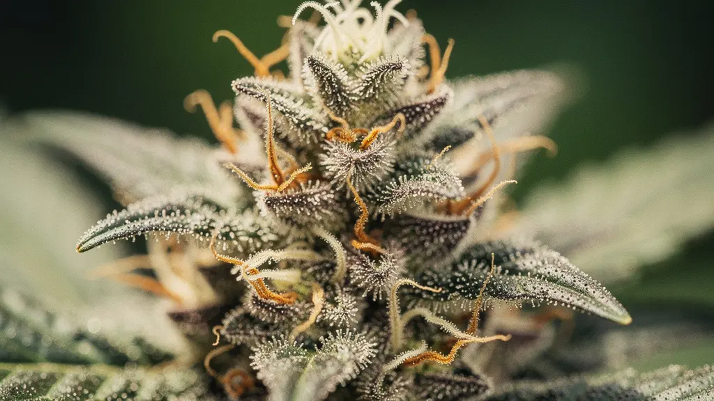 Vue macro détaillée de trichomes cristallins sur une fleur de CBD premium
