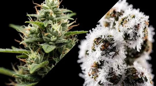 Comparaison visuelle de fleurs de CBD naturelles et transformées, montrant la texture cristalline des moonrocks