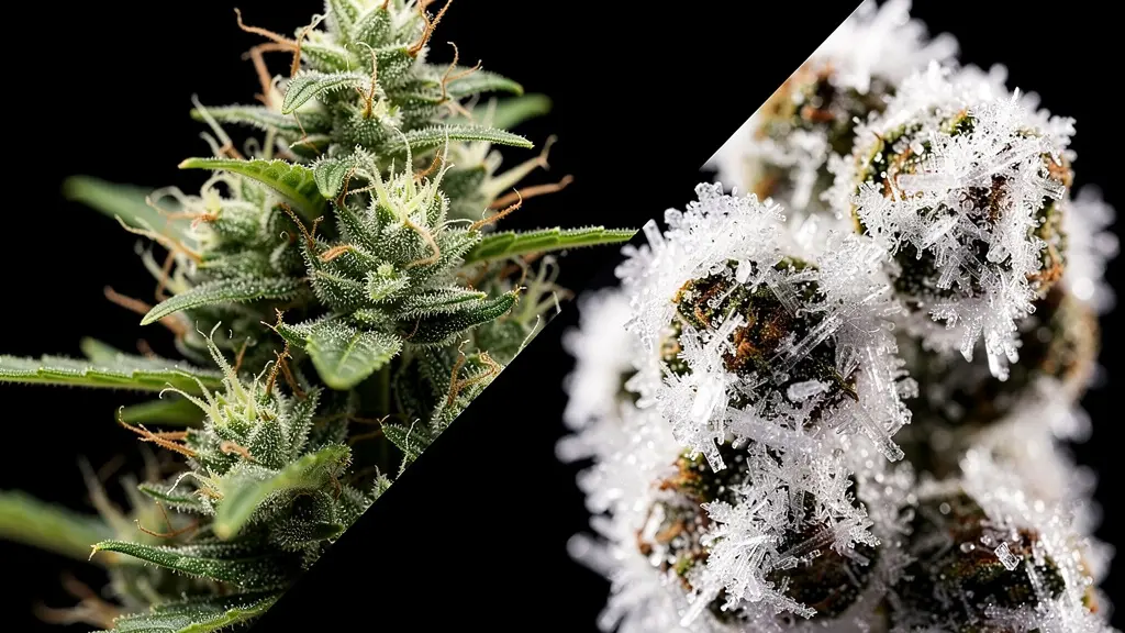 Comparaison visuelle de fleurs de CBD naturelles et transformées, montrant la texture cristalline des moonrocks