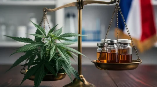 Balance de justice posée sur une table en bois avec des feuilles de chanvre et des fioles médicales dans une atmosphère de laboratoire français