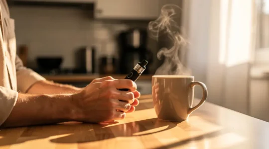 Personne tenant une vapoteuse à côté d'une tasse de café fumante dans la lumière du matin