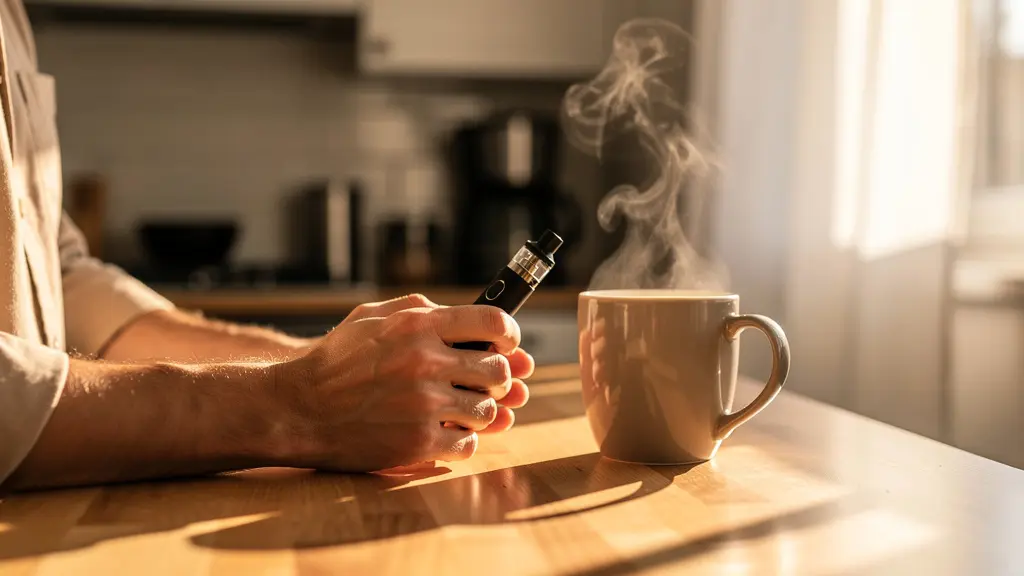 Personne tenant une vapoteuse à côté d'une tasse de café fumante dans la lumière du matin